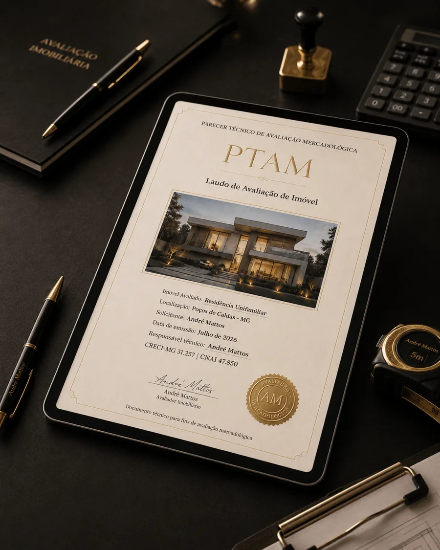 Modelo de Parecer Técnico de Avaliação Mercadológica (PTAM) emitido por André Mattos, exibido em um tablet sobre a mesa de trabalho.